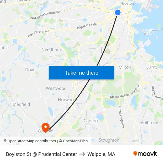 Boylston St @ Prudential Center to Walpole, MA map