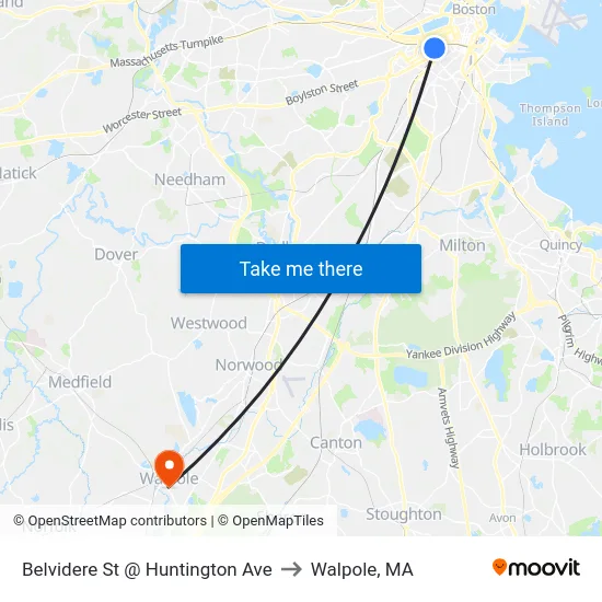 Belvidere St @ Huntington Ave to Walpole, MA map