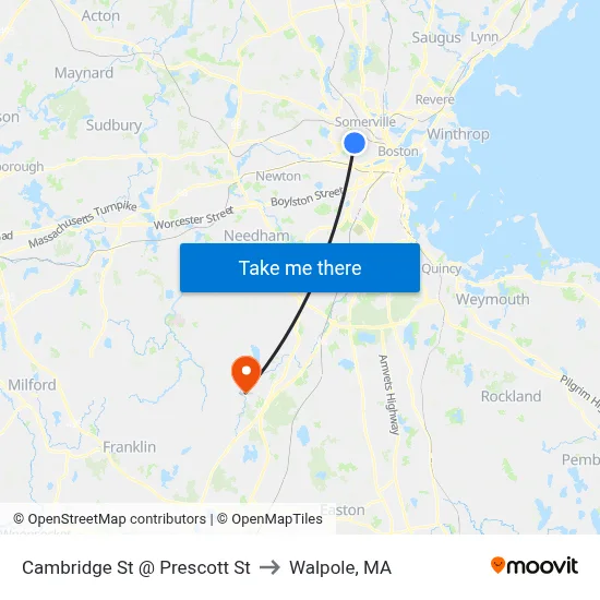 Cambridge St @ Prescott St to Walpole, MA map
