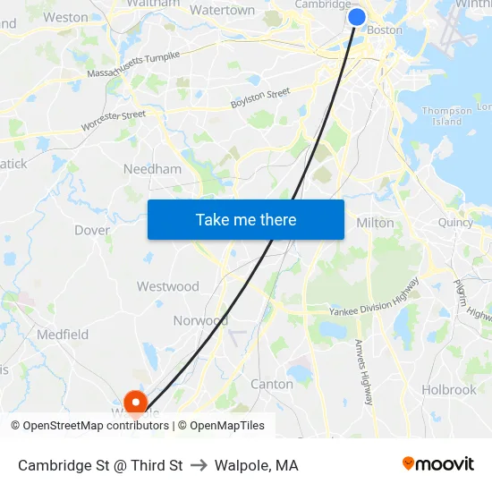 Cambridge St @ Third St to Walpole, MA map
