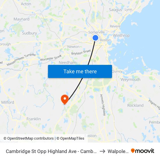 Cambridge St Opp Highland Ave - Cambridge Hospital to Walpole, MA map