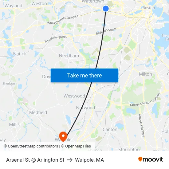 Arsenal St @ Arlington St to Walpole, MA map