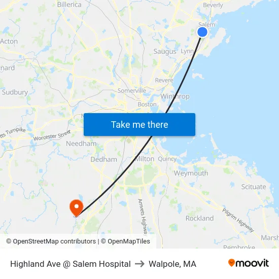 Highland Ave @ Salem Hospital to Walpole, MA map