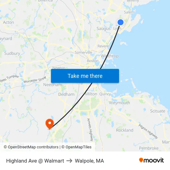 Highland Ave @ Walmart to Walpole, MA map