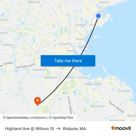 Highland Ave @ Willson St to Walpole, MA map