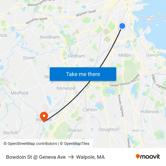 Bowdoin St @ Geneva Ave to Walpole, MA map