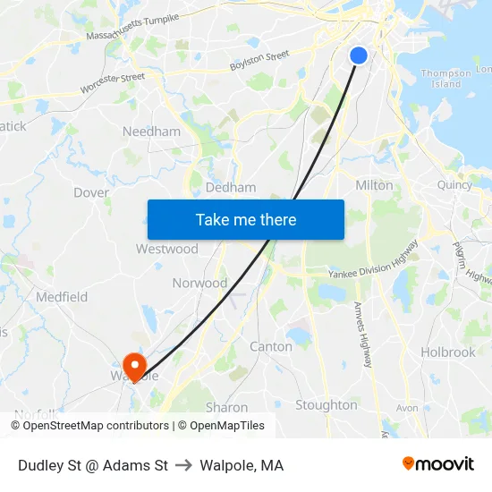 Dudley St @ Adams St to Walpole, MA map