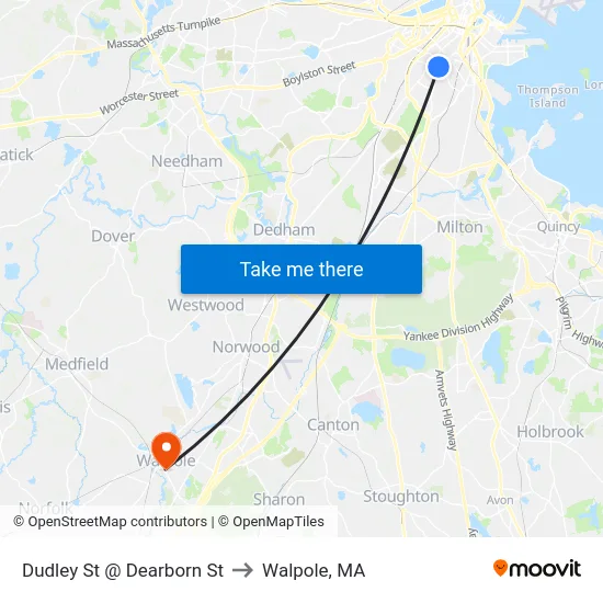 Dudley St @ Dearborn St to Walpole, MA map