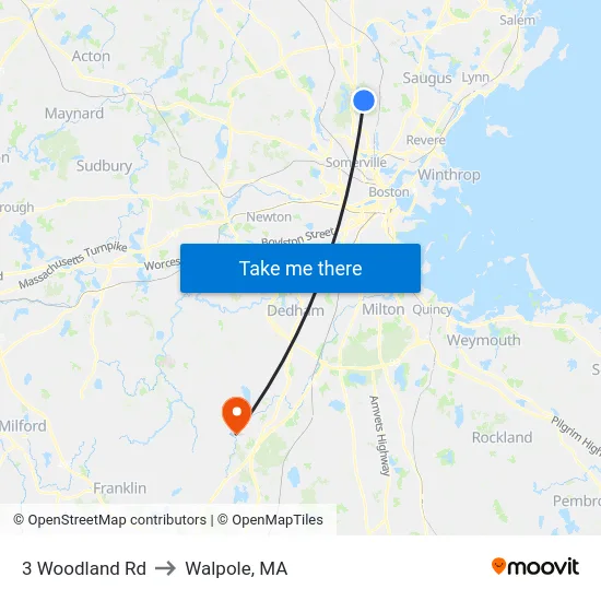 3 Woodland Rd to Walpole, MA map