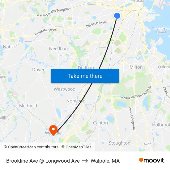 Brookline Ave @ Longwood Ave to Walpole, MA map