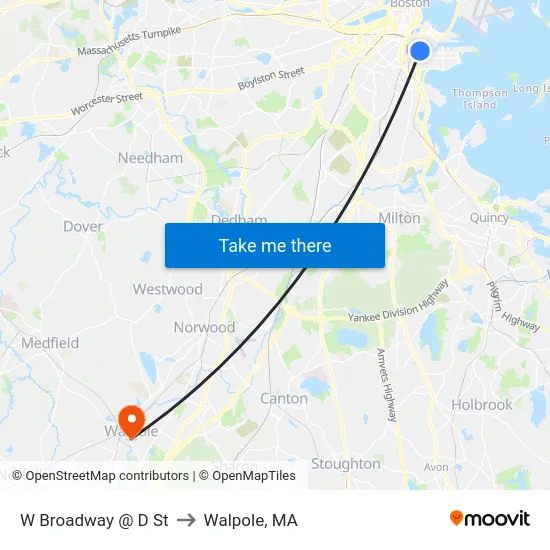 W Broadway @ D St to Walpole, MA map