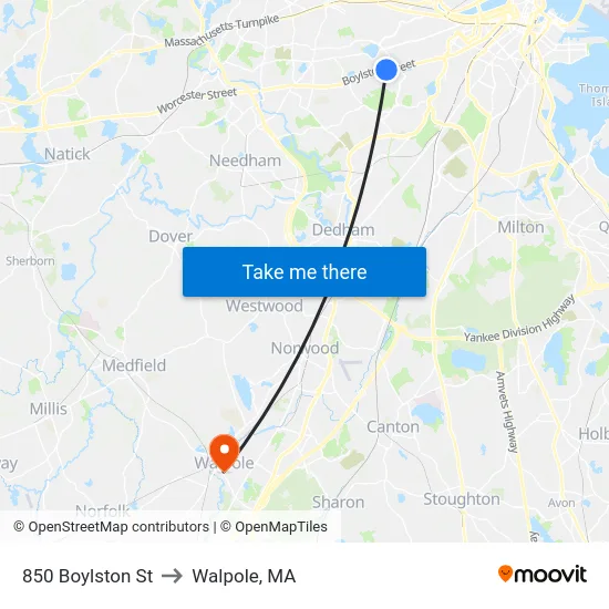 850 Boylston St to Walpole, MA map