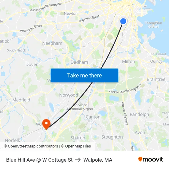 Blue Hill Ave @ W Cottage St to Walpole, MA map