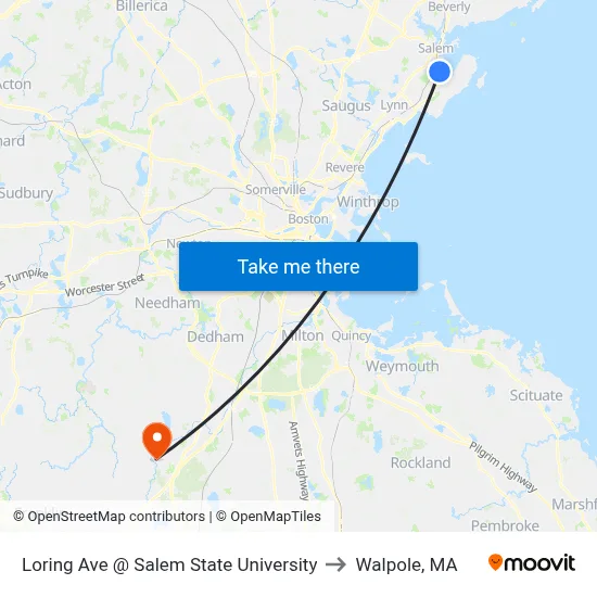 Loring Ave @ Salem State University to Walpole, MA map