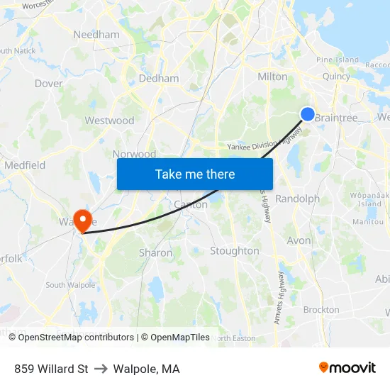 859 Willard St to Walpole, MA map