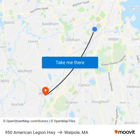 950 American Legion Hwy to Walpole, MA map