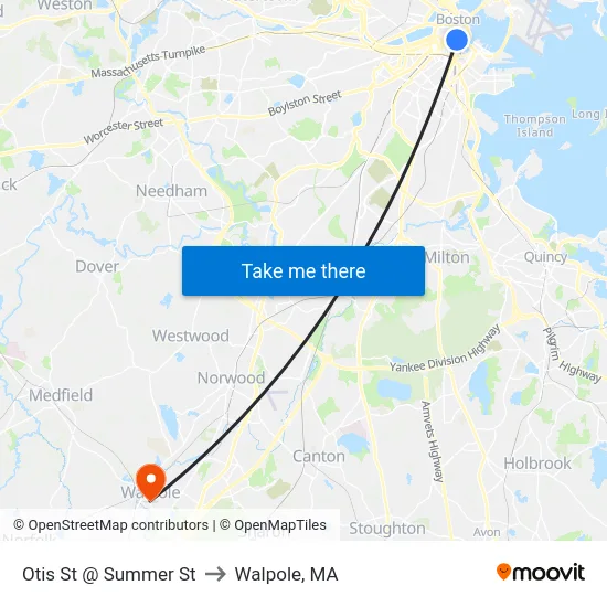 Otis St @ Summer St to Walpole, MA map