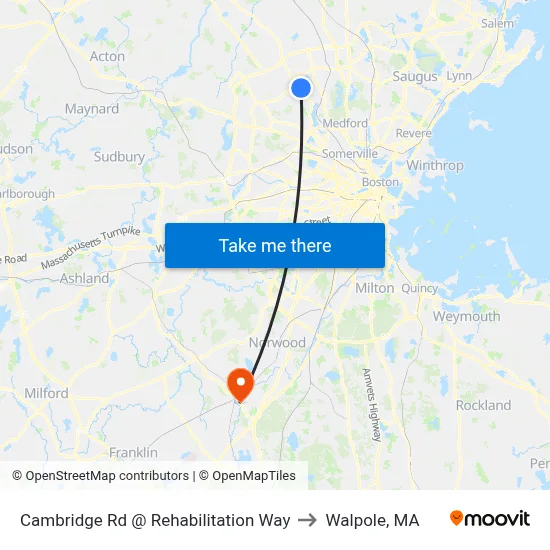 Cambridge Rd @ Rehabilitation Way to Walpole, MA map
