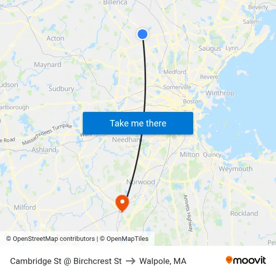 Cambridge St @ Birchcrest St to Walpole, MA map