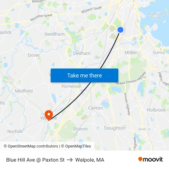 Blue Hill Ave @ Paxton St to Walpole, MA map