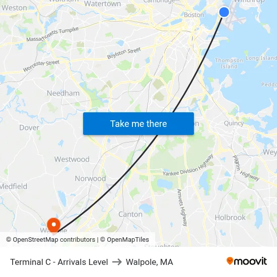 Terminal C - Arrivals Level to Walpole, MA map