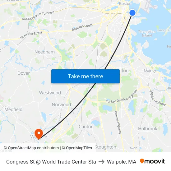 Congress St @ World Trade Center Sta to Walpole, MA map
