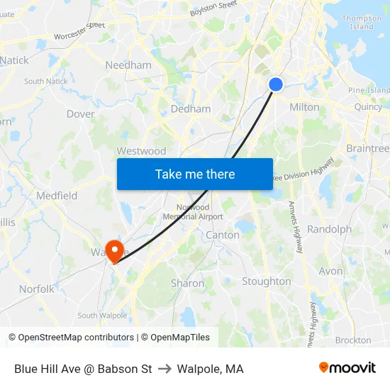 Blue Hill Ave @ Babson St to Walpole, MA map