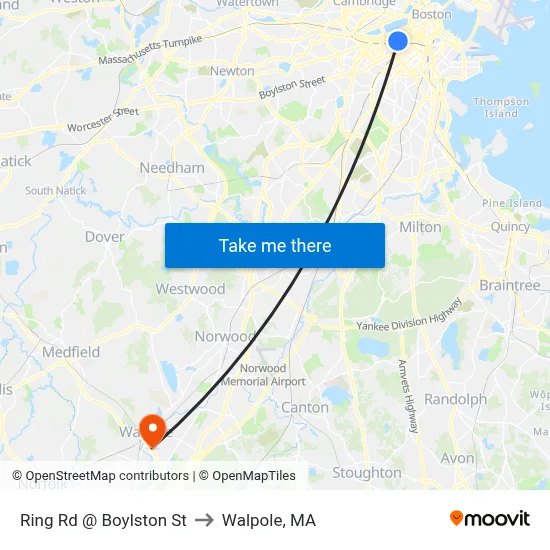 Ring Rd @ Boylston St to Walpole, MA map