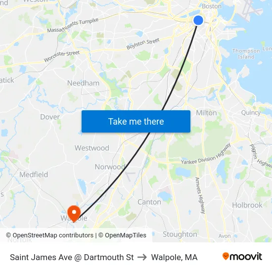 Saint James Ave @ Dartmouth St to Walpole, MA map