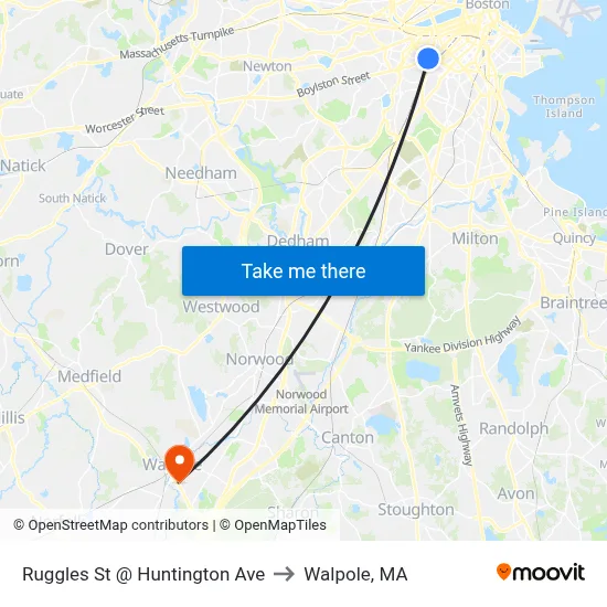 Ruggles St @ Huntington Ave to Walpole, MA map