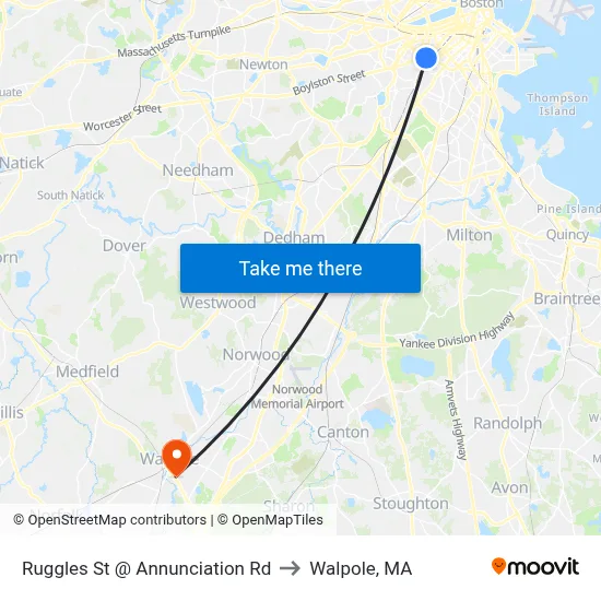 Ruggles St @ Annunciation Rd to Walpole, MA map