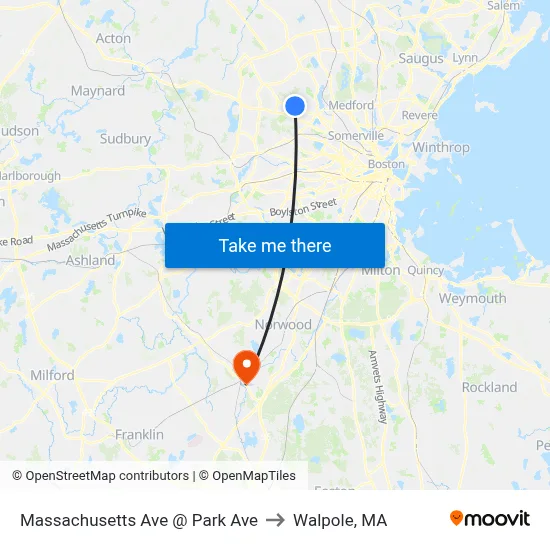 Massachusetts Ave @ Park Ave to Walpole, MA map