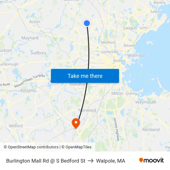 Burlington Mall Rd @ S Bedford St to Walpole, MA map