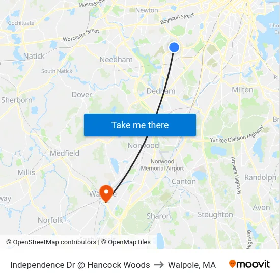 Independence Dr @ Hancock Woods to Walpole, MA map