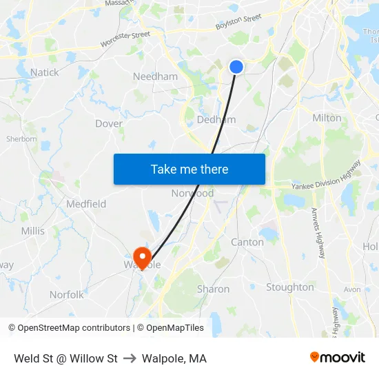 Weld St @ Willow St to Walpole, MA map