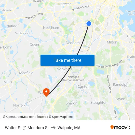 Walter St @ Mendum St to Walpole, MA map