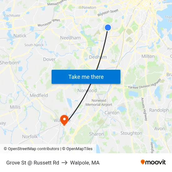 Grove St @ Russett Rd to Walpole, MA map