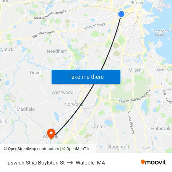 Ipswich St @ Boylston St to Walpole, MA map