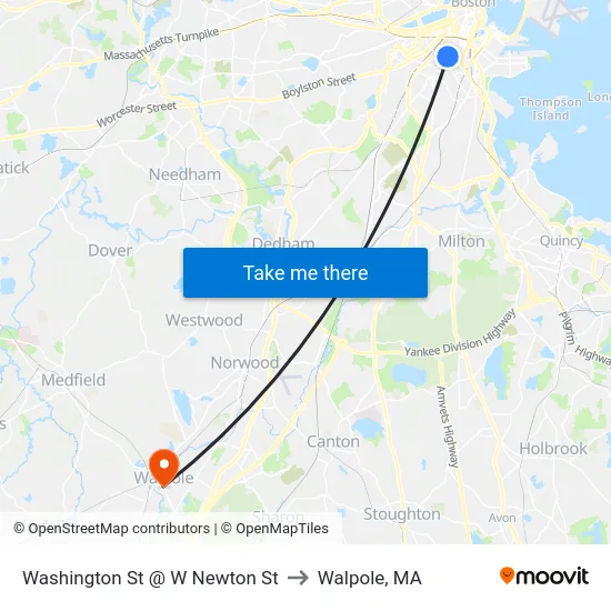 Washington St @ W Newton St to Walpole, MA map