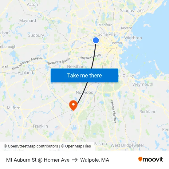 Mt Auburn St @ Homer Ave to Walpole, MA map