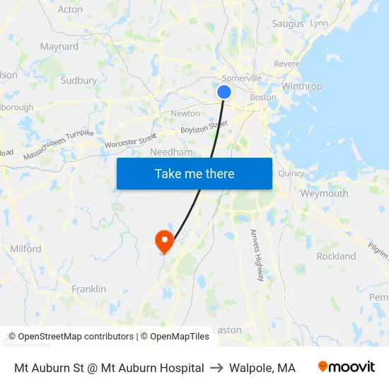 Mt Auburn St @ Mt Auburn Hospital to Walpole, MA map