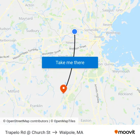 Trapelo Rd @ Church St to Walpole, MA map