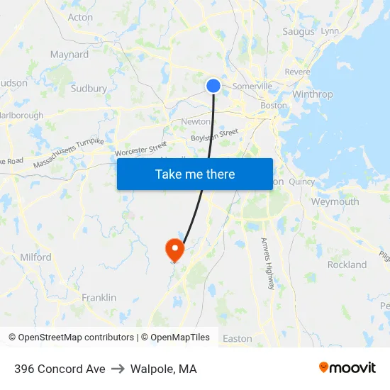 396 Concord Ave to Walpole, MA map