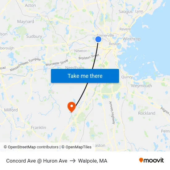 Concord Ave @ Huron Ave to Walpole, MA map