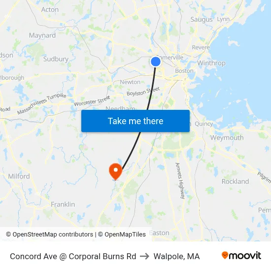 Concord Ave @ Corporal Burns Rd to Walpole, MA map
