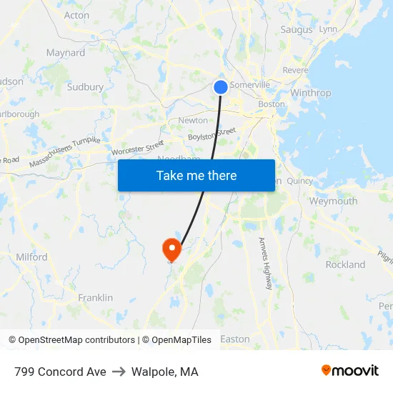 799 Concord Ave to Walpole, MA map
