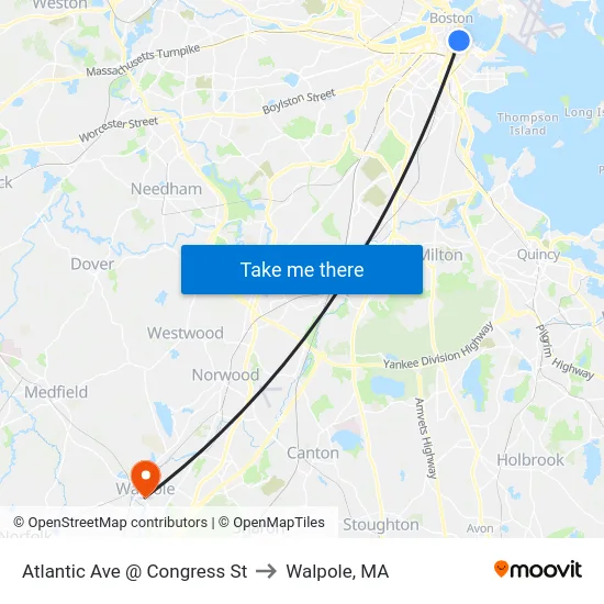 Atlantic Ave @ Congress St to Walpole, MA map
