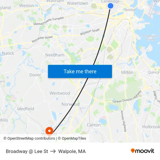 Broadway @ Lee St to Walpole, MA map