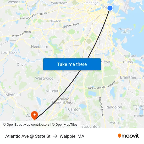 Atlantic Ave @ State St to Walpole, MA map