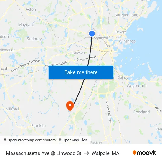 Massachusetts Ave @ Linwood St to Walpole, MA map